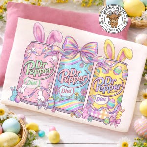May include: A cushion cover with a design of three pastel-coloured Dr Pepper Diet cans, each adorned with Easter bunny ears and bows. The cans feature Easter eggs, flowers, and bunnies. Text reads "Dr Pepper Diet Est. 1885" on each can.