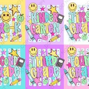 May include: A digital graphic design featuring six school grade levels from Pre-K to Fourth Grade. Each section includes colourful text, smiley faces, stars, composition notebooks, crayons, pencils, and apples against a striped background.