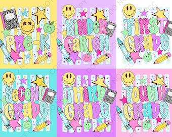 Striped Neon Back to School Png Smiley Bundle, First Day of School Png, Pre-k Kindergarten Grade Png Designs