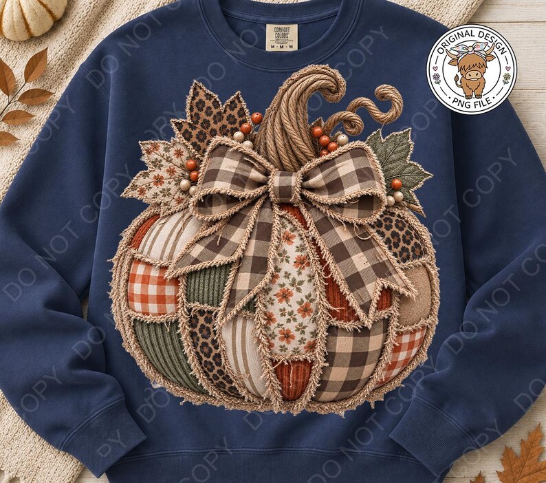 May include: A navy blue crewneck sweatshirt featuring a large, central graphic of a patchwork pumpkin. The pumpkin is composed of various fabric patterns including plaid, leopard print, floral, and stripes, accented with a frayed brown gingham bow.
