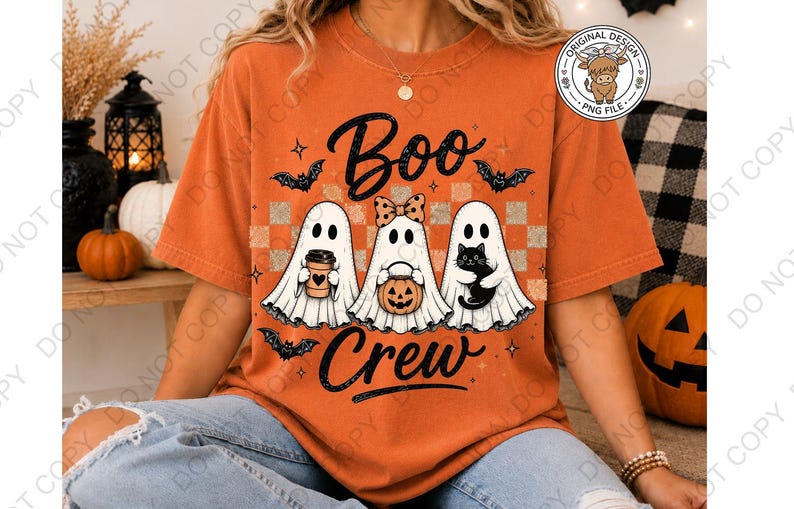 May include: An orange short-sleeve t-shirt featuring a graphic of three white ghosts with the text "Boo Crew". The ghosts are holding a coffee cup, a pumpkin bucket, and a black cat. The design includes small black bats and a checkered background.