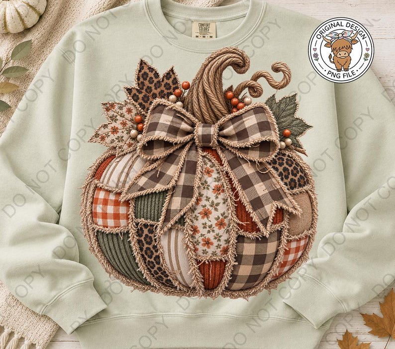 May include: A light green crewneck sweatshirt featuring a large central graphic of a pumpkin made from various fabric patches including plaid, leopard print, and floral patterns. The pumpkin is topped with a large brown plaid bow and rope stem.