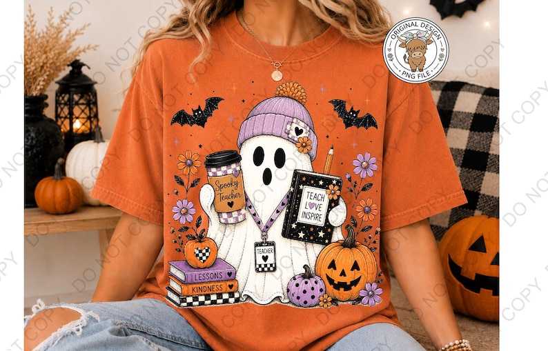 May include: An orange t-shirt featuring a graphic of a ghost wearing a purple beanie, holding a coffee cup labeled Spooky Teacher and a book labeled Teach Love Inspire. The ghost wears a teacher lanyard and stands by pumpkins and books.