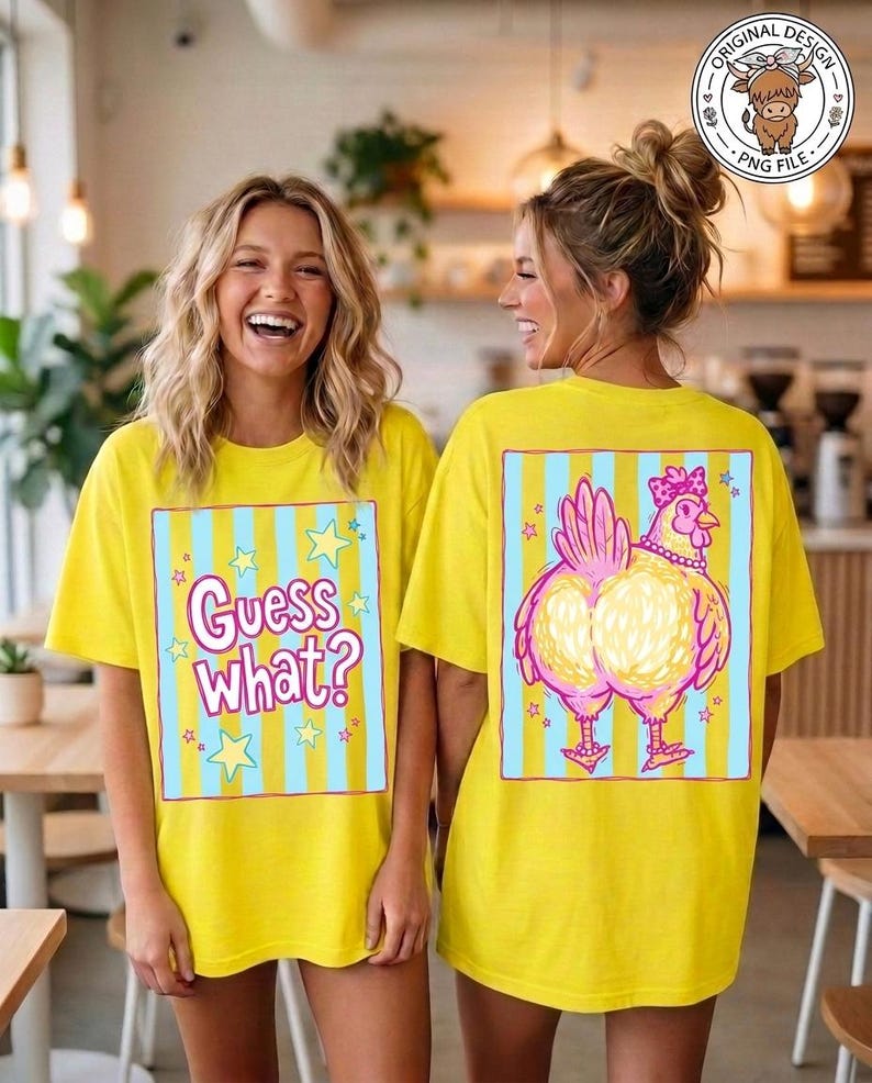 May include: Two yellow t-shirts with matching designs. The front of the shirt says "Guess What?" in a playful font with stars. The back of the shirt features a cartoon chicken with a pink crown and necklace.