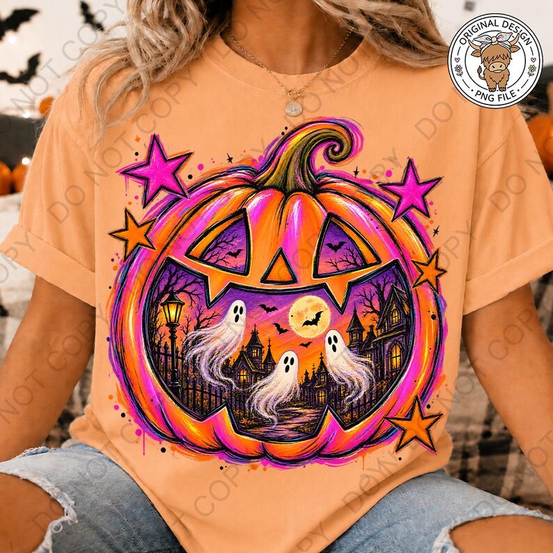 May include: A peach-colored t-shirt featuring a large, vibrant graphic of a jack-o'-lantern. Inside the pumpkin, a spooky scene depicts three white ghosts, a full moon, bats, and a haunted house. The design is accented with bright pink stars.