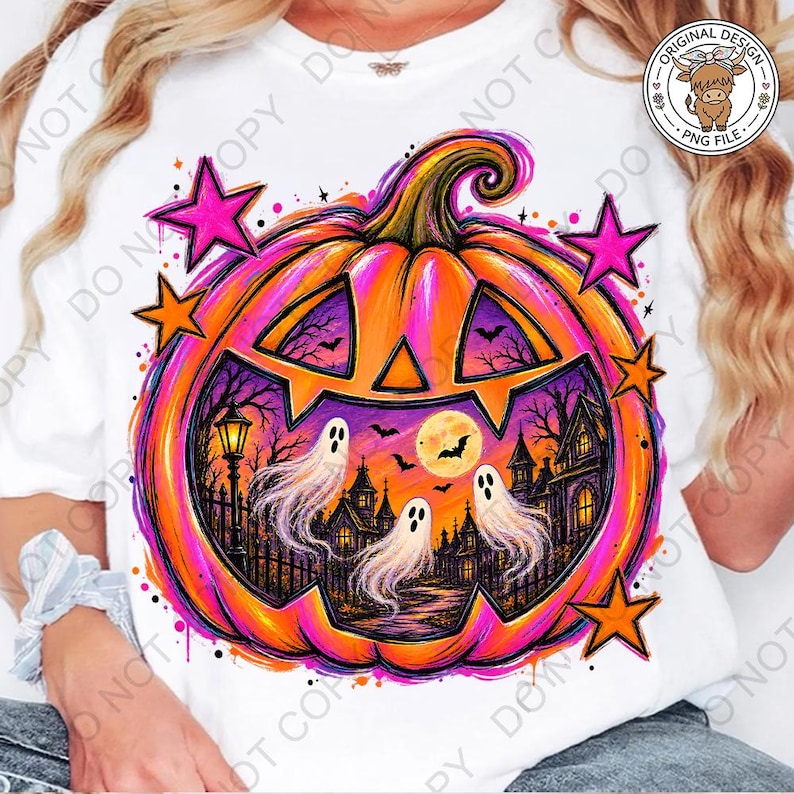May include: A white t-shirt featuring a large, vibrant orange and pink jack-o'-lantern graphic. Inside the pumpkin is a spooky scene with three white ghosts, a full moon, a dark mansion, and a streetlamp. Bright pink and orange stars surround the pumpkin.