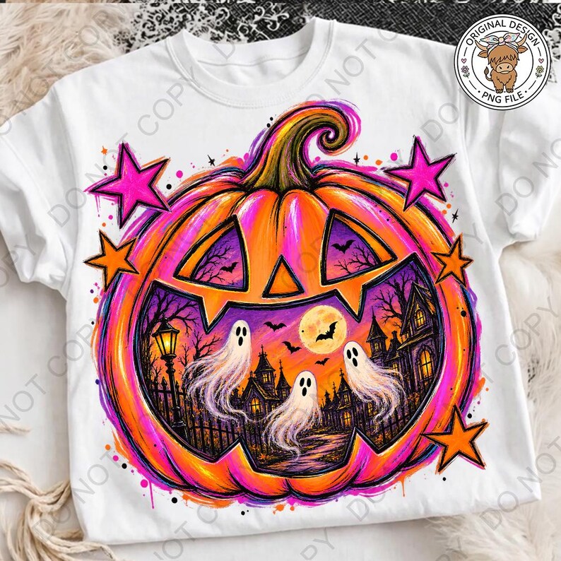 May include: A white t-shirt featuring a large, vibrant orange pumpkin graphic. The pumpkin contains a scene with three white ghosts, a full moon, bats, and a haunted house. The design is accented with bright pink and orange stars and splatters.