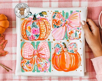 Fall Bow Pumpkin Striped PNG, Preppy Floral Pumpkin Trending Sublimation DTF Design (Digital Download)