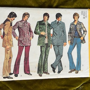 May include: Vintage Simplicity sewing pattern with illustrations of five outfits. The outfits include jackets, shirts, and trousers in various colours and patterns. The pattern is for a size 42 chest (107 cm).