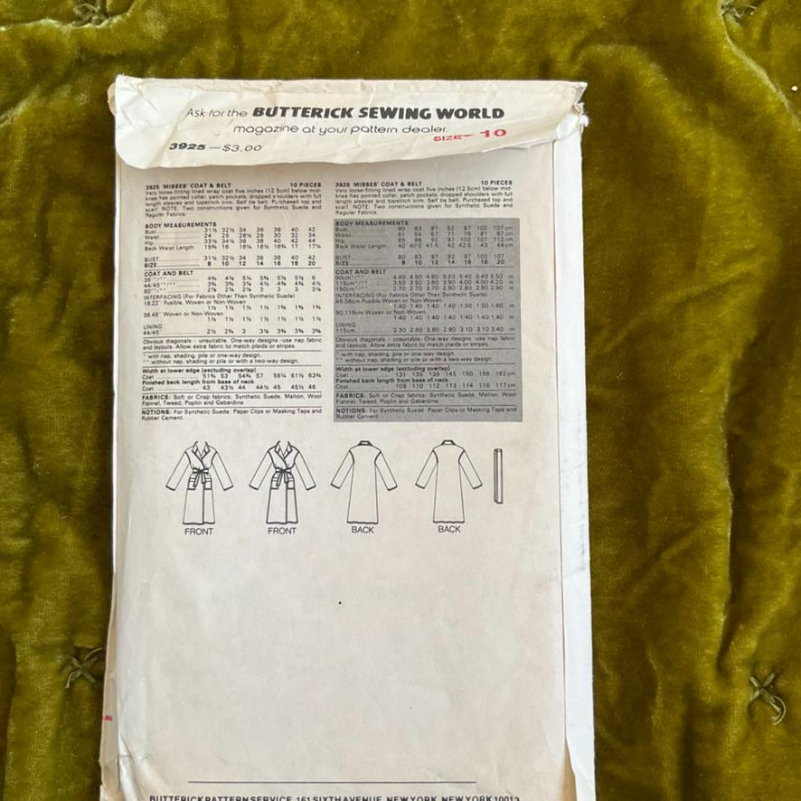VINTAGE Butterick 3925 | Wrap Coat Pattern | Misses Size 10 | UNCUT - Etsy