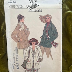 May include: Vintage Vogue Patterns sewing pattern. The pattern features illustrations of three women wearing different styles of jackets. The pattern number is 7195, size 14. The price is $3.50. The brand is Very Easy Vogue Patterns.