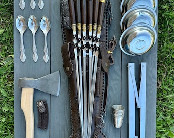 Handmade Leather BBQ Skewer Set with Knife & Axe – 28-Piece Outdoor Picnic Kit