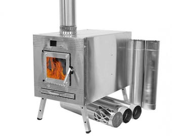 Militärtältkamin – Vedeldad kamin i rostfritt stål med skorsten, camping- och fältvärme