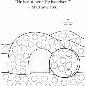 May include: Black and white line drawing of an Easter scene. The image features the text "JESUS IS RISEN!" and a quote from Matthew 28:6. The scene includes a tomb with a large stone and a cross on a hill.