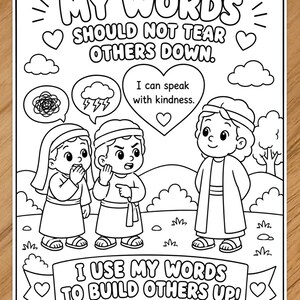 Kind Words Bible Lesson for Kids, Christian Coloring Page, Sunday School Activity, Parent Teacher Guide