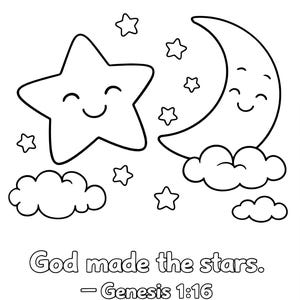 May include: Black and white illustration of a smiling star and crescent moon with clouds and stars. The text "God made the stars. - Genesis 1:16" is at the bottom.