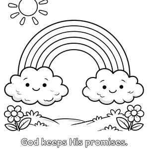 May include: Black and white line art illustration of a rainbow, sun, clouds, flowers, and grass. The text "God keeps His promises. - Genesis 9:13" is at the bottom. This image is suitable for colouring.