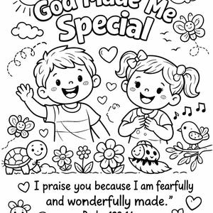 Puede incluir: Ilustración en blanco y negro con el texto "Dios me hizo especial". Muestra dos niños sonriendo, flores, animales y el versículo bíblico Salmo 139:14. Para colorear.