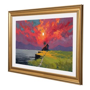 May include: A framed landscape painting shows a sunset over a lake and a small house on a cliff. The sky is filled with vibrant red and orange hues, with a bright moon. The painting is in a gold frame.