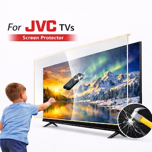 Puede incluir: Se muestra un protector de pantalla para televisores JVC, con el texto "For JVC TVs Screen Protector" en la parte superior. La imagen muestra una pantalla de TV con un mando a distancia que parece romper la pantalla. Un niño extiende la mano hacia la pantalla.