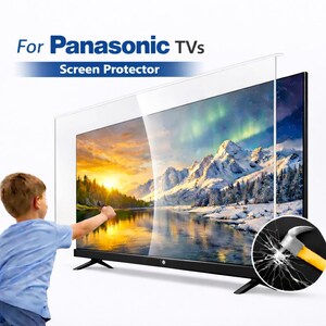 Puede incluir: Se muestra un protector de pantalla transparente para televisores Panasonic, con el texto "For Panasonic TVs Screen Protector" en la parte superior. La imagen muestra a un niño tocando la pantalla, con un martillo y un gráfico de pantalla agrietada en la esquina.
