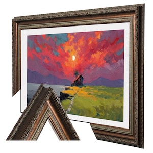 May include: Framed landscape art print featuring a vibrant sunset over a small house on a cliff. The artwork has a colorful sky with red, orange, and purple hues. The frame is ornate with a dark brown finish.