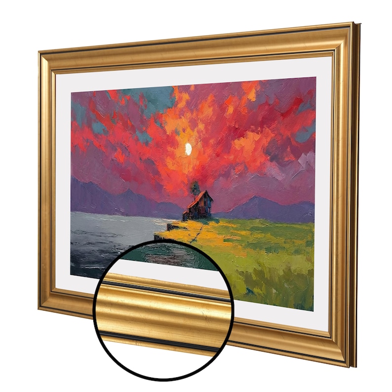 May include: A framed landscape painting depicting a sunset over a waterside house. The artwork features a colourful sky with shades of red, orange, and purple. The frame is gold.