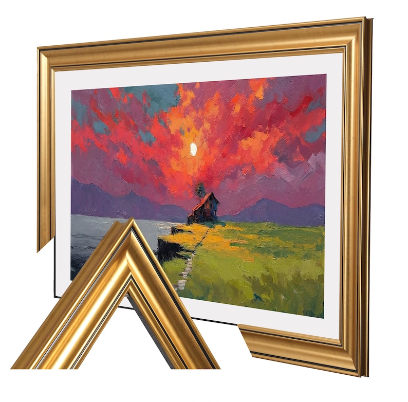 Gold antique champagne decorative TV frame shown around a wall-mounted flat screen display. The frame features a classic gold finish with layered molding and is designed for custom-sized flat screen TVs.