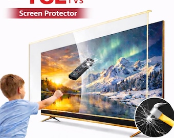 May include: A screen protector for TCL TVs. The image shows a TV with a screen protector, a remote control, and a hammer. The text "For TCL TVs Screen Protector" is displayed at the top of the image.
