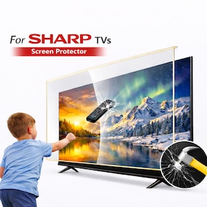 Puede incluir: Se muestra un protector de pantalla para televisores SHARP, con el texto "For SHARP TVs Screen Protector" en la parte superior. La imagen muestra un televisor con un mando a distancia rompiendo la pantalla y un niño que extiende la mano hacia la pantalla.