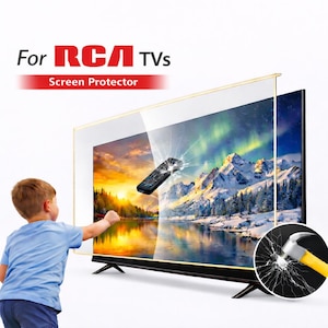 Puede incluir: Se muestra un protector de pantalla para televisores RCA, con el texto "For RCA TVs Screen Protector" en la parte superior. La imagen muestra una pantalla de TV con un hermoso paisaje y un mando a distancia. Se muestra un martillo rompiendo la pantalla, demostrando la durabilidad del protector.