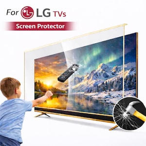 Puede incluir: Un protector de pantalla para televisores LG se muestra con un mando a distancia rompiendo la pantalla. La imagen incluye el texto "For LG TVs Screen Protector". El televisor tiene un marco dorado y muestra un paisaje.