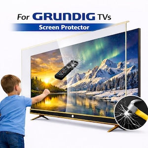 Puede incluir: Una pantalla de televisión con un protector de pantalla, con el texto "For GRUNDIG TVs Screen Protector". La pantalla muestra un paisaje de montaña y lago. Un mando a distancia parece estar rompiendo la pantalla.