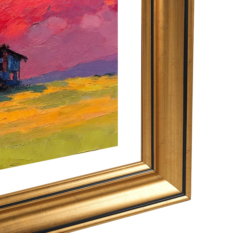 May include: A framed landscape painting with a gold-coloured ornate frame. The painting depicts a colourful sunset over a field and a small house. The sky is a mix of red, pink, and purple hues.