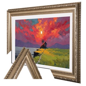 Puede incluir: Una pintura al óleo de un paisaje con una casa en un acantilado, bajo una vibrante puesta de sol roja y naranja. La obra de arte está enmarcada en un marco dorado y ornamentado, con una esquina separada del marco visible.