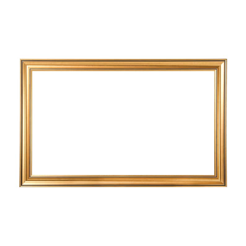 May include: A rectangular gold picture frame with a wide, ornate border. The frame has a glossy finish and a classic design, suitable for displaying artwork or photographs. The interior is empty, providing a clean, white space for a picture.