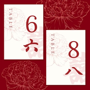 May include: Two white table number cards with red accents. Each card features a large red number, a corresponding Chinese character, and the word "TABLE" in vertical text. A floral design is in the background. The background is a deep red.