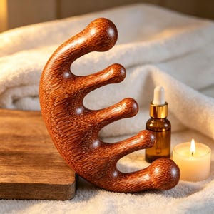 May include: A wooden scalp massager with a curved handle and multiple rounded prongs. The massager is a warm brown color and sits on a white towel next to a small glass bottle and a lit candle.