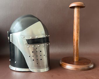 Black Silver Crusader Knight Helmet with Stand – Medieval Armor for Cosplay & Display