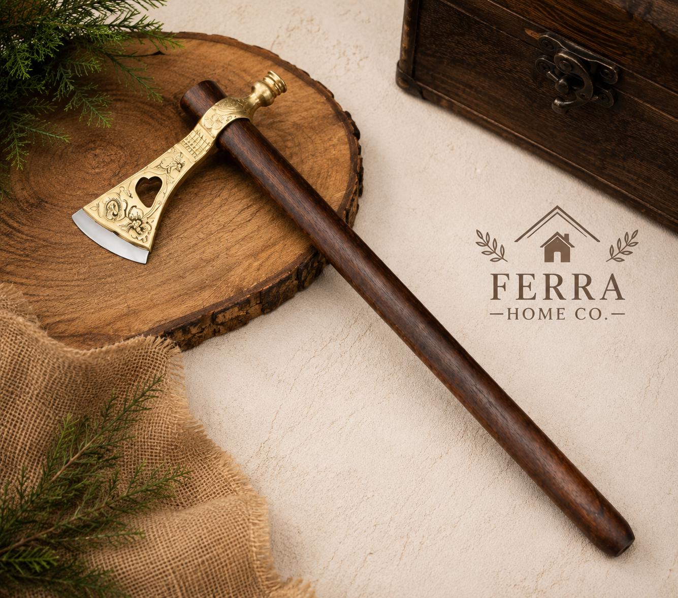 Decorative Brass Etched Axe With Wooden Handle Rustic Vintage