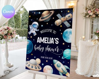 Over The Moon Space Baby Shower Welcome Sign – Astronaut Galaxy Theme (Canva Template) VU2