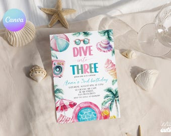 Summer Splash 3rd Birthday Invite – Watercolor Tropical Pool Party Announcement (Instant Download)