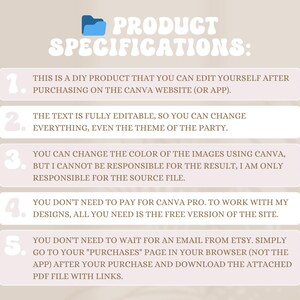 May include: A beige graphic with the text "PRODUCT SPECIFICATIONS:" and numbered points detailing a DIY product editable on Canva. The text is fully editable, and colors can be changed. No Canva Pro is needed.