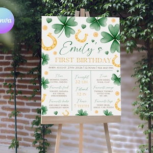 May include: A personalized first birthday sign on a wooden easel. The sign features the name "Emily's" in green script, with shamrocks, horseshoes, and details about the child's birth and favorite things. The child's height is 30 cm.