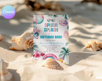 Watercolor Splish Splash Pool Party Invitation – 1st Birthday Girl Bash (Editable Canva Template)