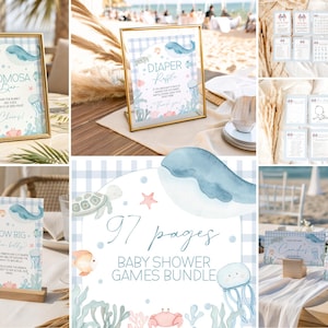 May include: A 97-page baby shower games bundle featuring a blue gingham border and watercolour sea life illustrations including a whale, turtle, jellyfish, crab, and starfish. The collection includes various printed signs and activity cards.