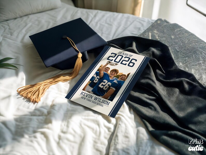 May include: A navy blue graduation cap with a gold tassel rests near a graduation announcement. The announcement features a photo of students in blue jerseys, the text "Class of 2026," and the name "Kevin Wilson."