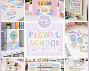 Playful Pastel Classroom Decor Bundle Editable, Bright PreK Kindergarten Teacher Canva Set DB1