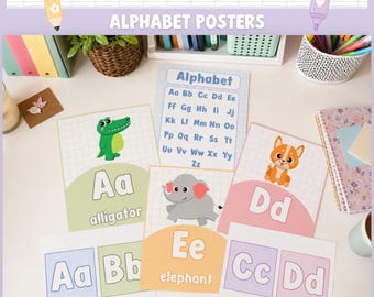 Editable Alphabet Posters, Bright Pastel Manuscript ABC Wall Display, Canva Decor DB1