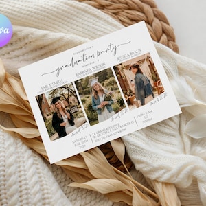 Puede incluir: Una invitación a una fiesta de graduación con tres fotos de graduados. La invitación incluye los nombres de los graduados, la fecha, la hora y el lugar de la fiesta. La invitación está sobre un fondo blanco.